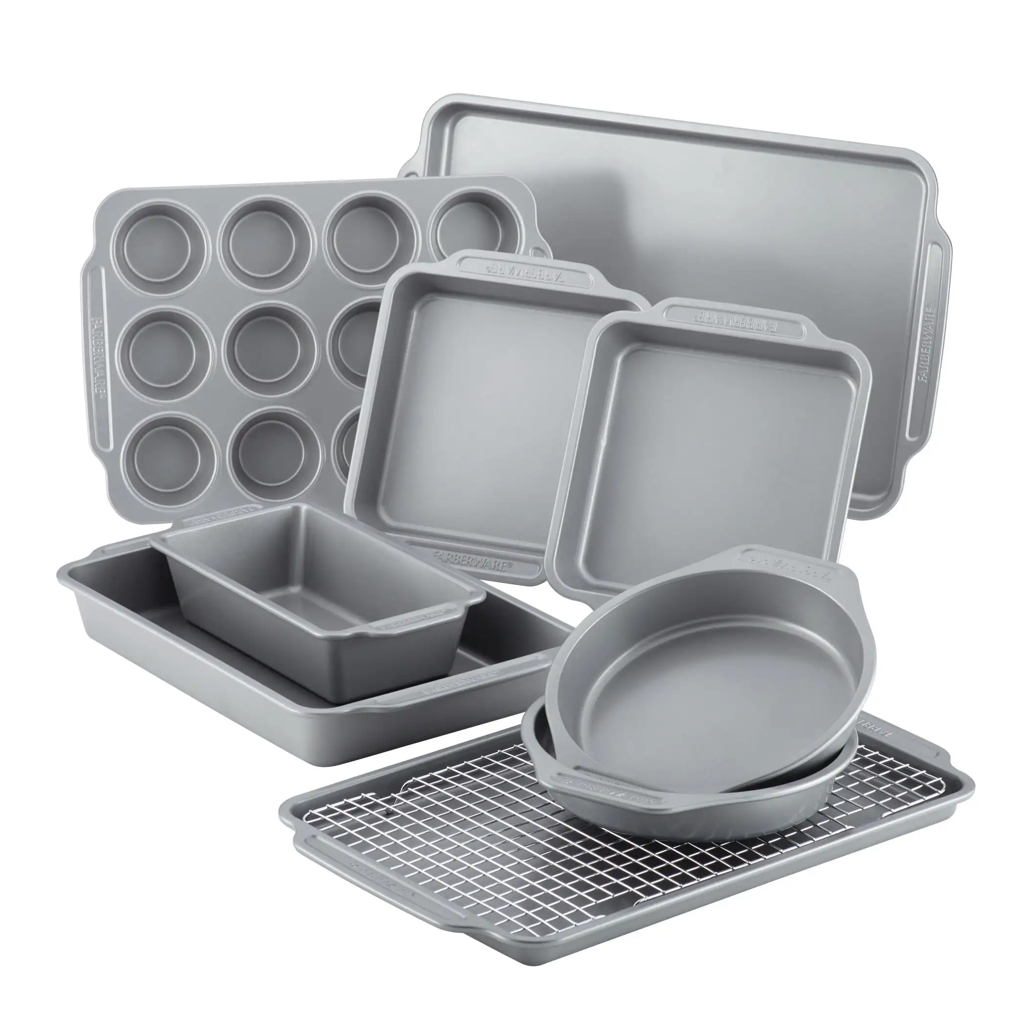 

Farberware 10-Piece Nonstick Bakeware Set with Cooling Rack, Grey