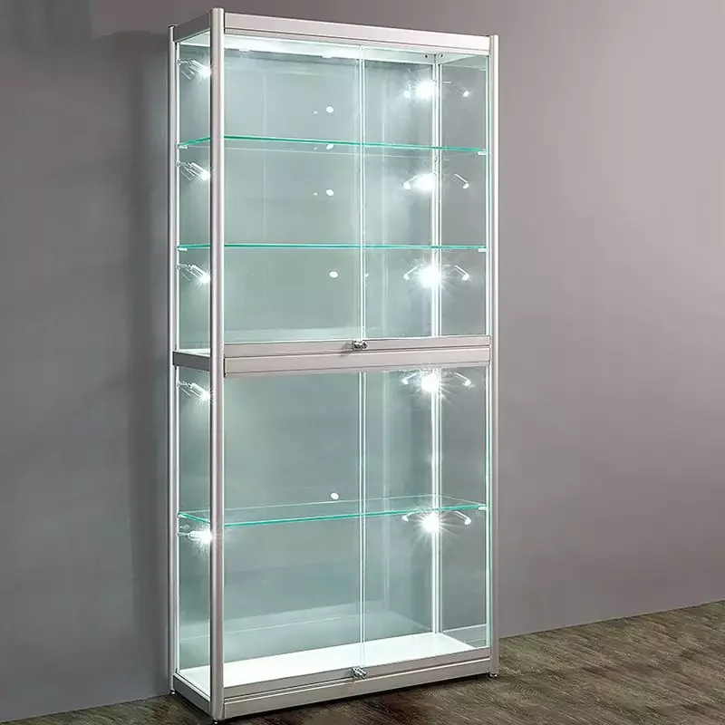 커스텀 전체 잠금 가능한 높은 유리 디스플레이 캐비닛, 알루미늄 프레임, Led 조명, 벽 디스플레이 쇼, 슬라이딩 도어