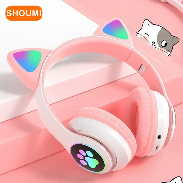 Auriculares inalámbricos LED con orejas de gato, audífonos con