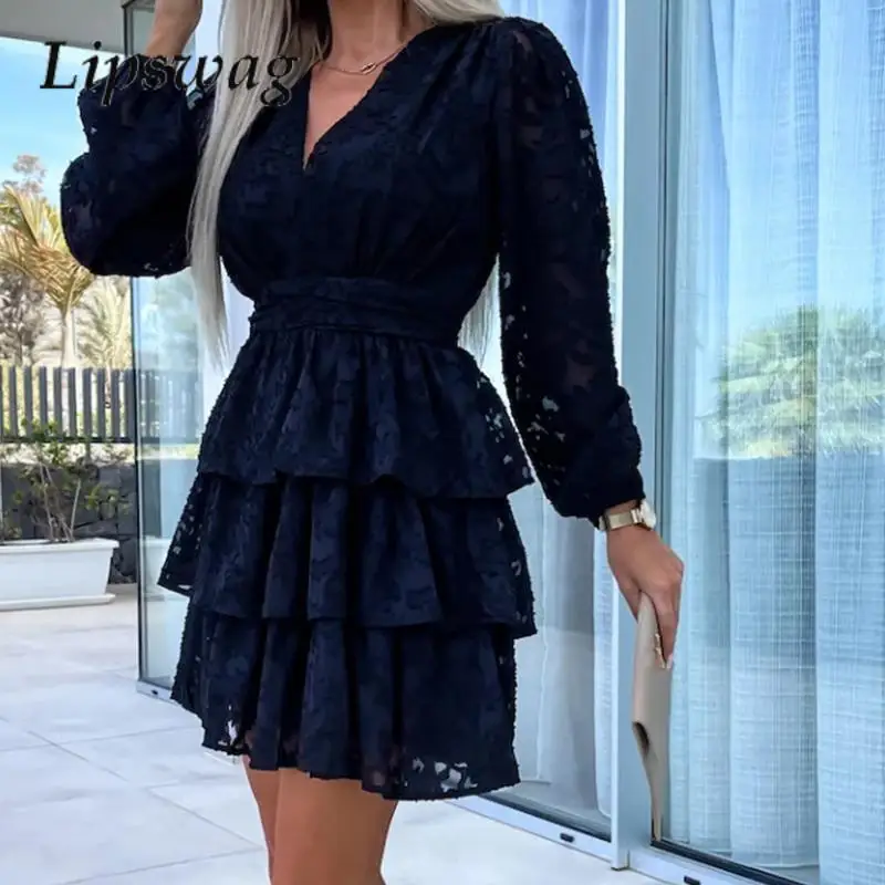 

Women Spring V-Neck Tunic Ruffled Dress Autumn Long Sleeve Jacquard Mini Dress 2024 Simple Floral Embroidery Lace Party Dress