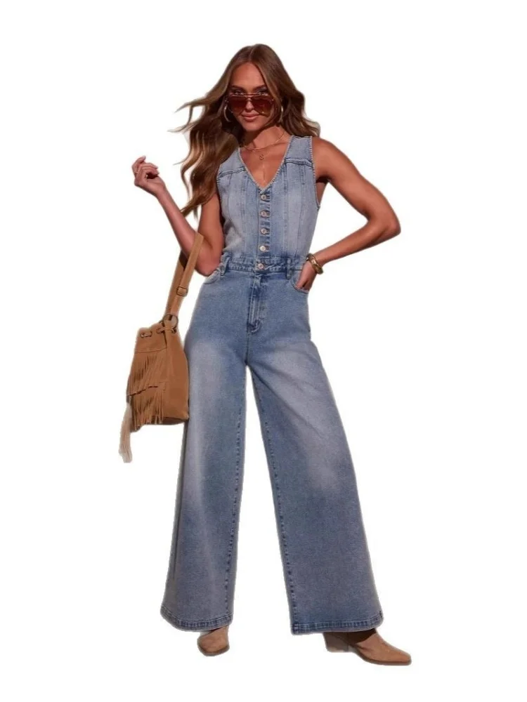 Wmstar Jumpsuits Rompers Women Wholesale New American Summer Casual V Neck Sleeveless Denim Jumpsuit for Woman Luxury 2025