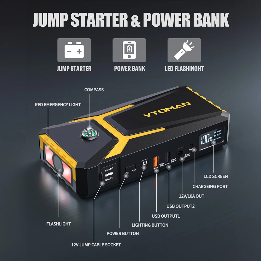 VTOMAN V8 Pro 3000A Car Jump Starter Power Bank 55.5Wh Car Starting Device Fast Charging Battery Charger Booster