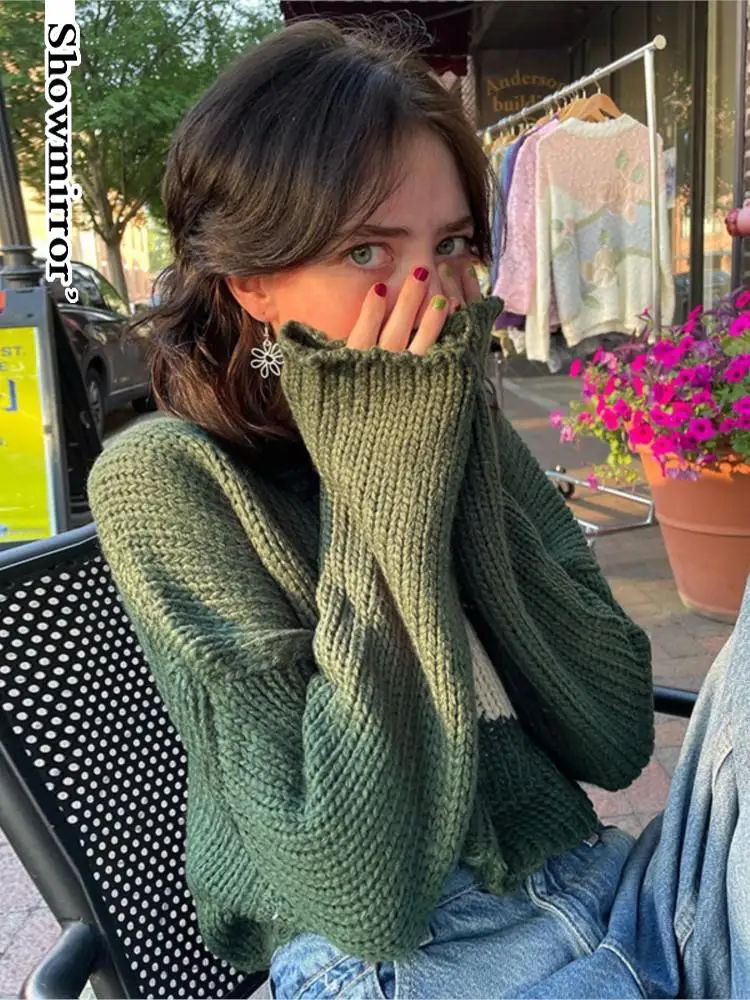 Kwaii-top corto con estampado de estrellas para mujer, suéter verde oscuro, tops de otoño e invierno