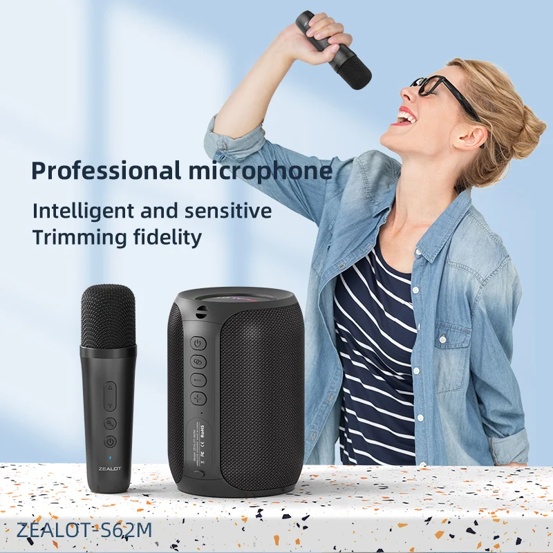 ZEALOT-S62M Karaoke Machine Portable Bluetooth 5.3 Speaker System 1-2 Wireless Microphones Home Family festival Gifts