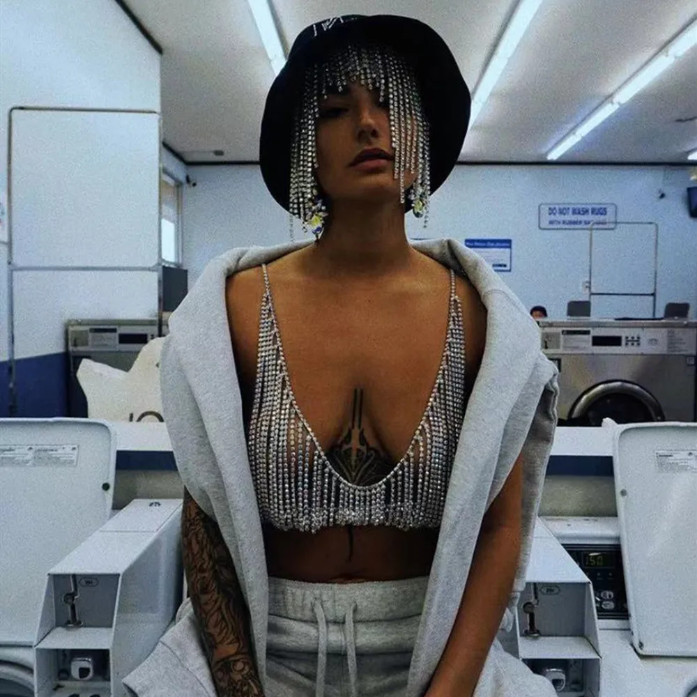 Fashion Shiny Rhinestone Tassel Bra Strap Vest Summer Bikini Women Sexy Body Crystal Underwear Nightclub Jewelry Accessories