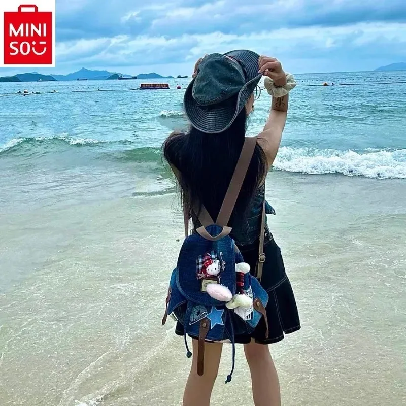 MINISO Sanrio Cartoon Hello Kitty Retro Cowboy Collage Student Backpack Sweet Large Capacity Fashion Storage Backpack