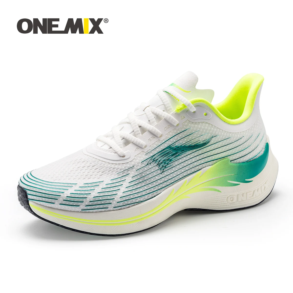 ONEMIX 2023 Marathon Men Running Shoes Green Breathable Mesh Carbon Fibre Plate Women Sneakers Lace Up Mesh Athletic Sport Shoes