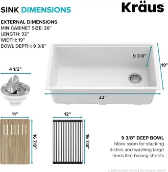 Workstation 32-inch Undermount Granite Composite Single Bowl Kitchen Sink in White with Accessories, KGUW1-33WH 6