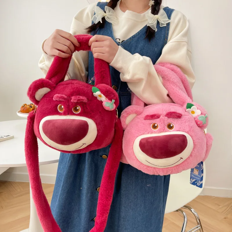 

New Genuine Disney Kawaii Strawberry Bear Lotso Cartoon Plush Bag Cute Double-sided Handbag Girl Gift Shoulder Messenger Bag