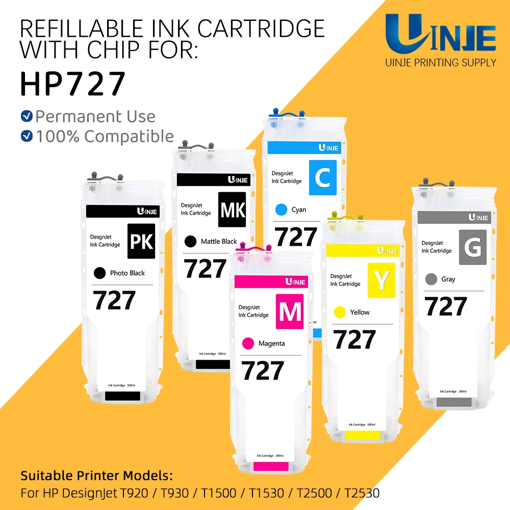 For HP 727 300ML Refillable Ink Cartridge With Permanent Chip For HP DesignJet T920 T930 T1500 T1530 T2500 T2530 F9J77A C1Q12A