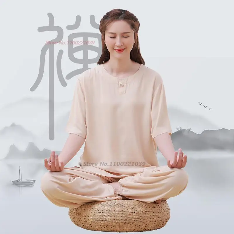 

2024 women chinese meditation zen yoga clothes vintage hanfu cotton linen tops+pant set tai chi kung fu uniform buddhist clothes