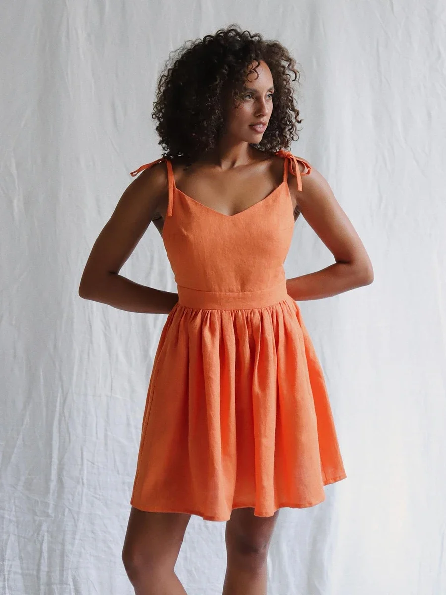 Bronladies 100% Cotton V-neck Spaghetti Strap Dress Women's Solid Color Chic Short Dress Fashionable Ladies Slim Fit Short Skirt