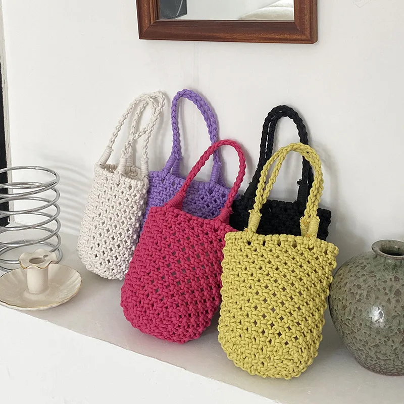 

Handmade Hollow Out Crochet Bucket Bag Macaron Color Cotton Rope Woven Fishnet Bag Hand Knitted Bag Women's Casual Totes