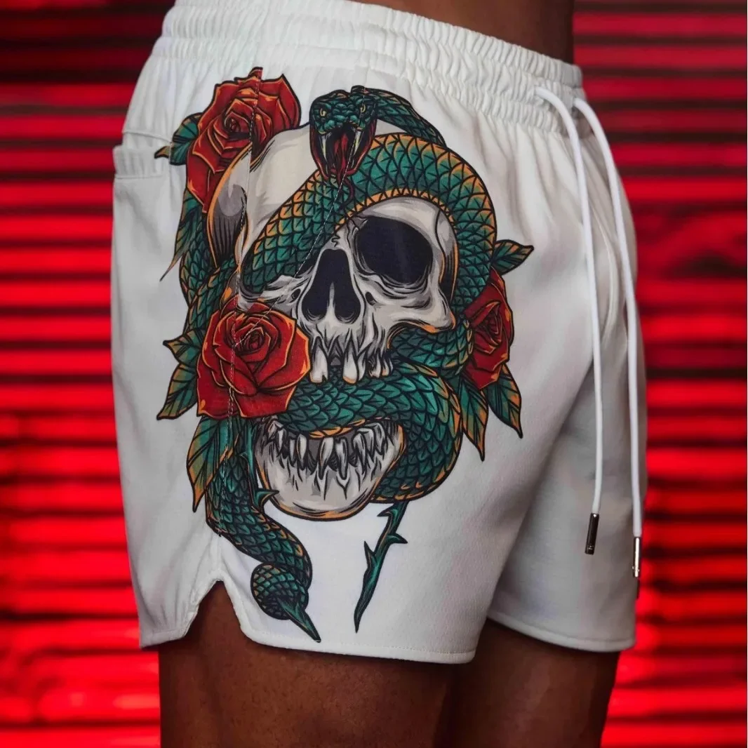Men's American Style Sports Shorts Quick Dry Breathable Running Beach Fitness Four-Quarter Shorts Skeleton Head Design