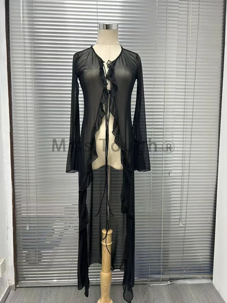 Vintage Y2k Black See Through Long Cardigan Women Sexy Grunge V-neck Streetwear Tops Summer Chic Aesthetic Bandage Slim Blouse 4