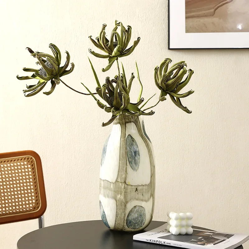 Blue and Green Markings Grid Spot Glass Vase Pebble Flower Vase Floral Arrangement Accessories Terrarium Home Decoration 3