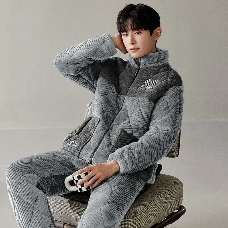 Winter Men's Pajamas Three-Layer Quilted Thickened Velvet Coral Fleece Youth Homewear Suit Stand-up Collar Thermal Nightclothes