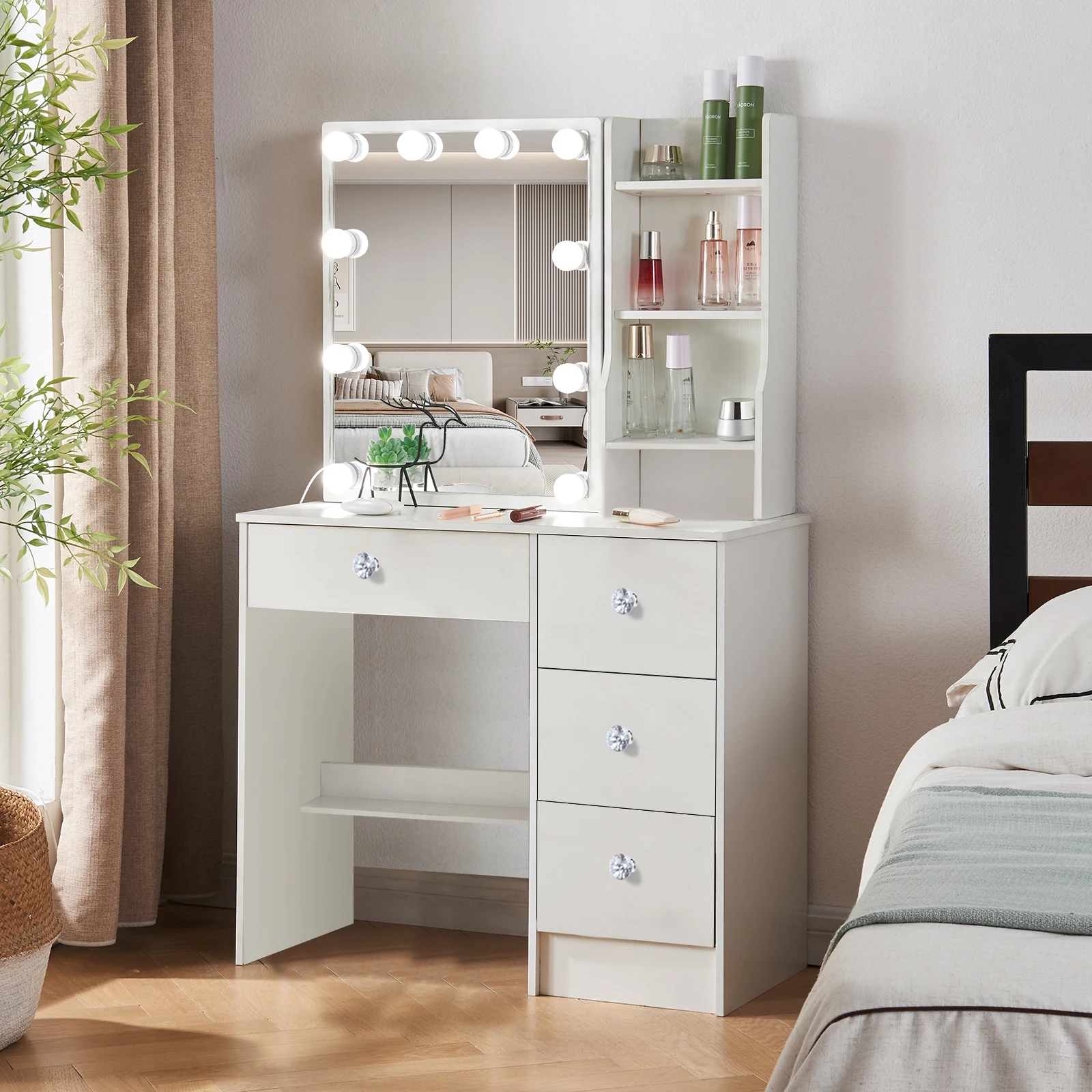 Teousev White Modern Wood Vanity Set with Touch Control Dimmable LED Lighted Mirror 7 Drawers Easy Assembly Bedroom Makeup Desk