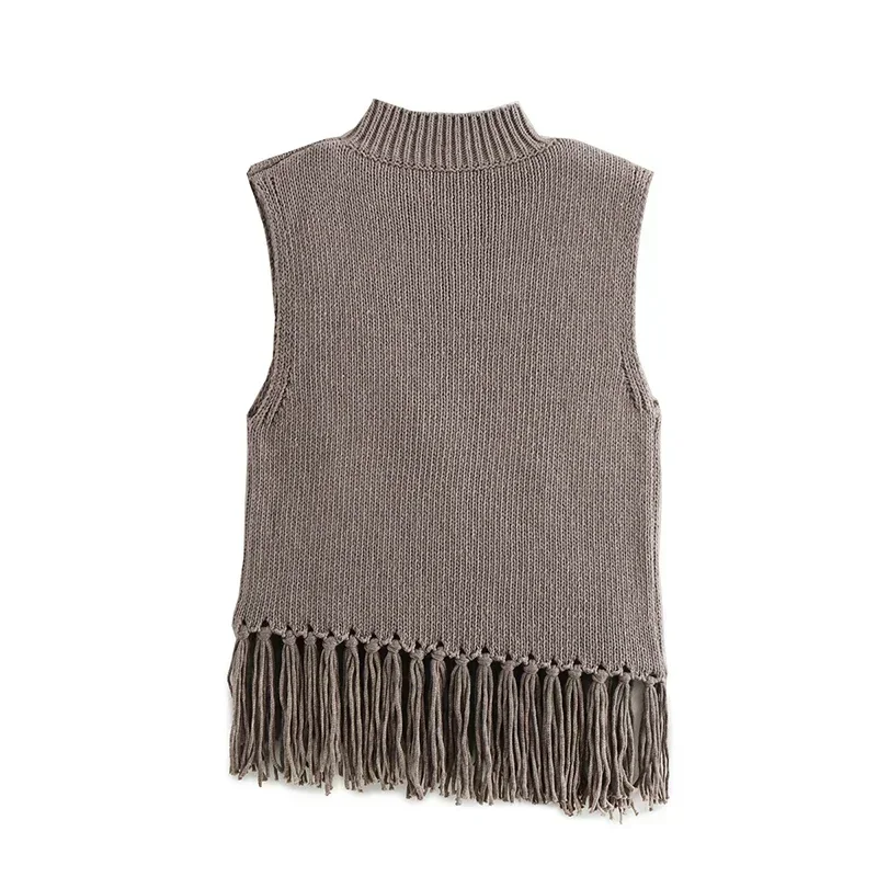 Chaleco de punto con borlas de calle para mujer, suéter de cuello medio alto, sin mangas, ajustado, camiseta sin mangas para mujer, primavera 2025, ropa de abrigo suave para mujer