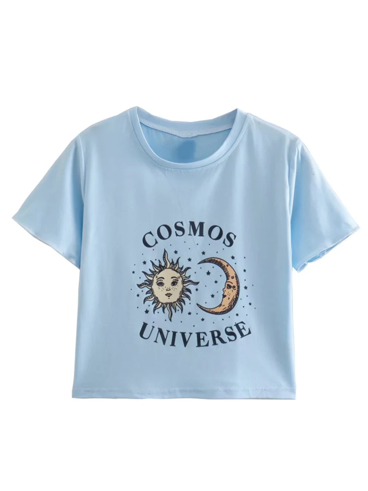 

UNUTH Casual Girls Blue O Neck Letter Print Tees 2022 Summer Fashion Ladies Casual Women Knitted Short Sleeves Top