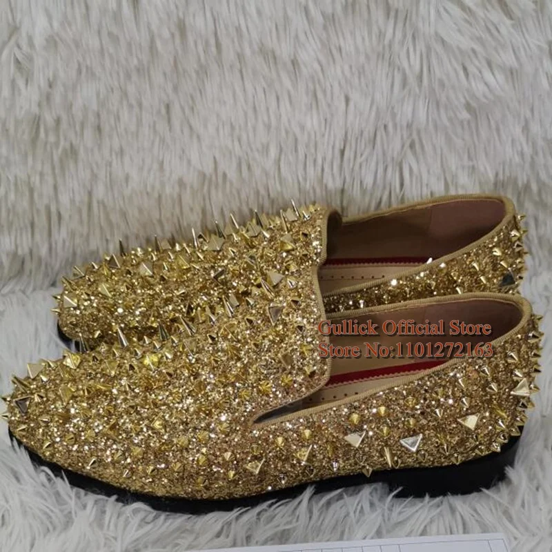 Designer Gold Studded Loafers Shoes Men Luxury Glitter Crystal