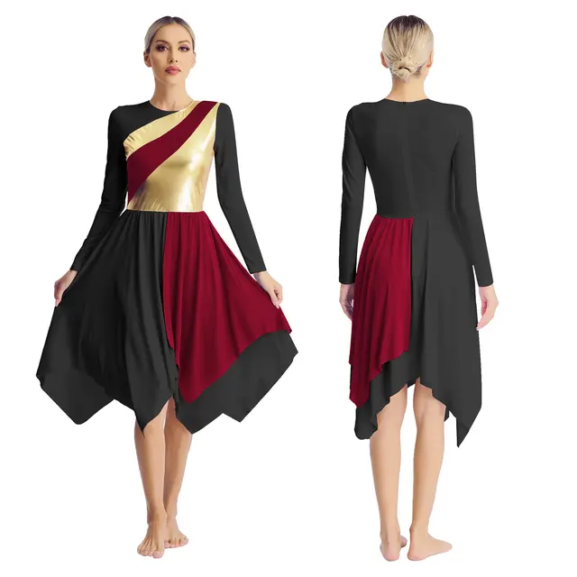Easyforever Women's Metallic Gold Color Block Praise Dance Dress - Long Sleeve Worship Dance Overlay