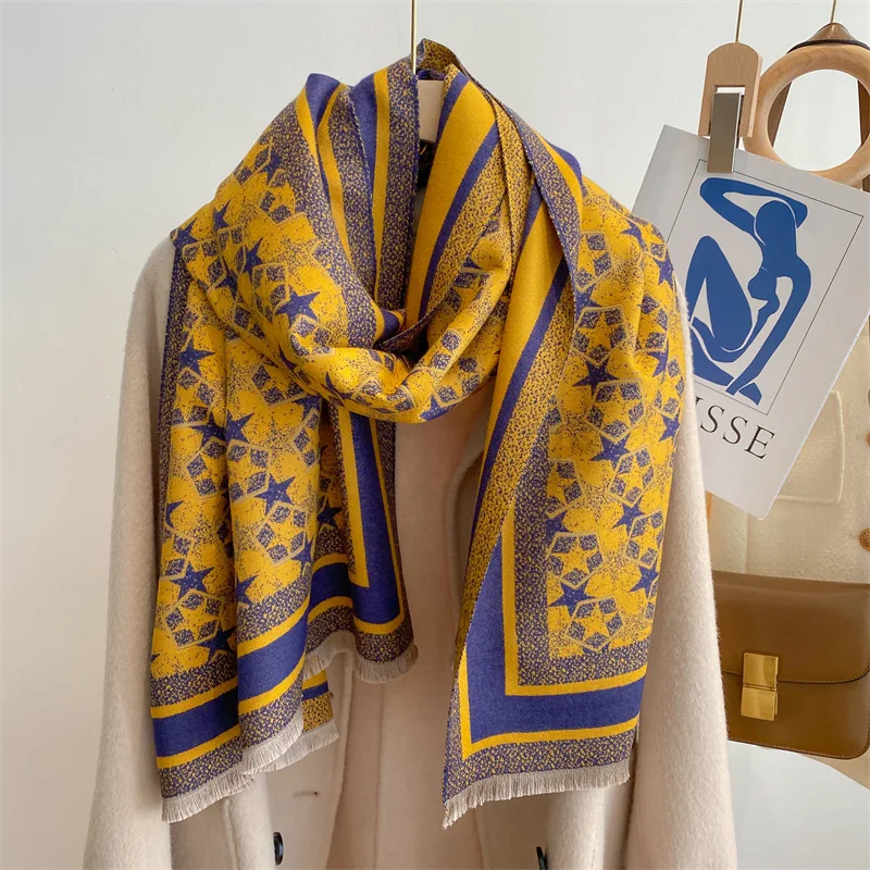 

Winter Scarf Women Floral Star Pashmina Shawls and Wraps Cashmere Thick Warm Female Blanket 2022 Dual Shawl Fashion Poncho