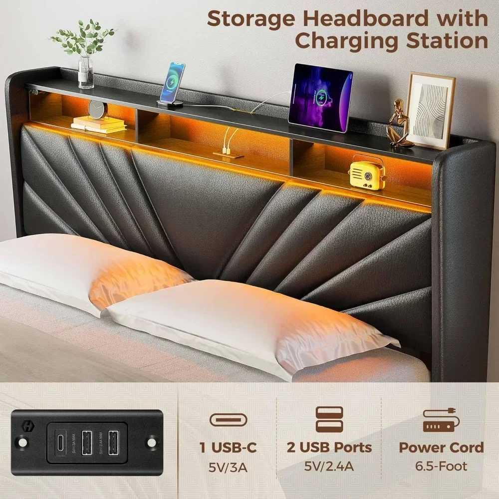 King Size Bed Frame, Storage Headboard with Charging Station and LED Lights, Upholstered Bed with Heavy Duty Wood Slats 5