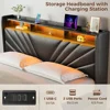 King Size Bed Frame, Storage Headboard with Charging Station and LED Lights, Upholstered Bed with Heavy Duty Wood Slats 5