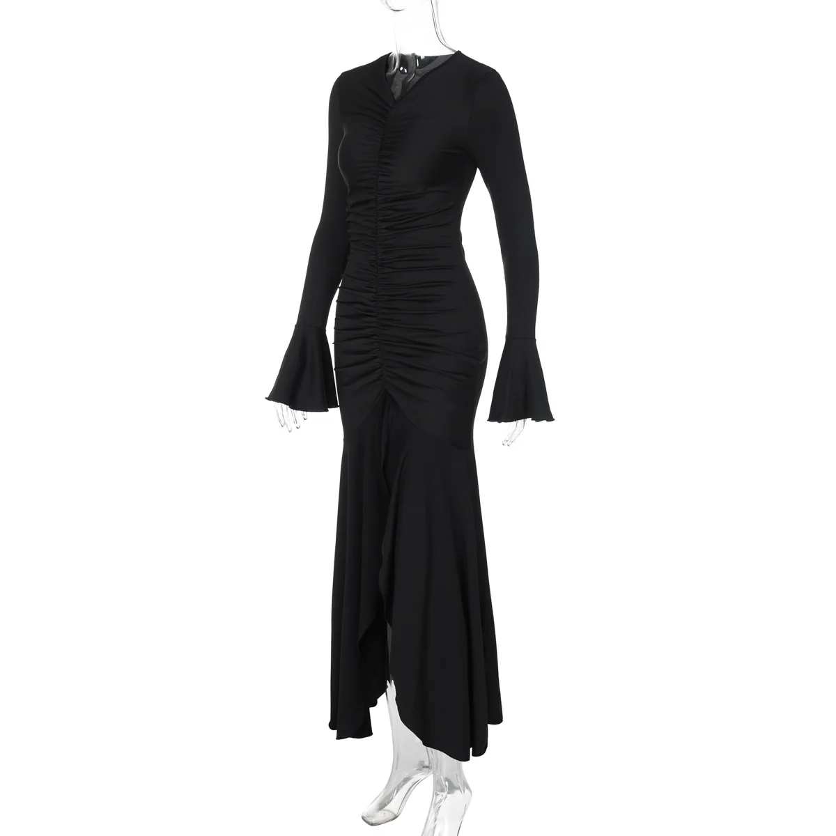 V-Neck Pleated Slim Long Dress Female Fashion Ruffled Patchwork Solid Elegant Party Dress New Women Maxi Dress Streetwear