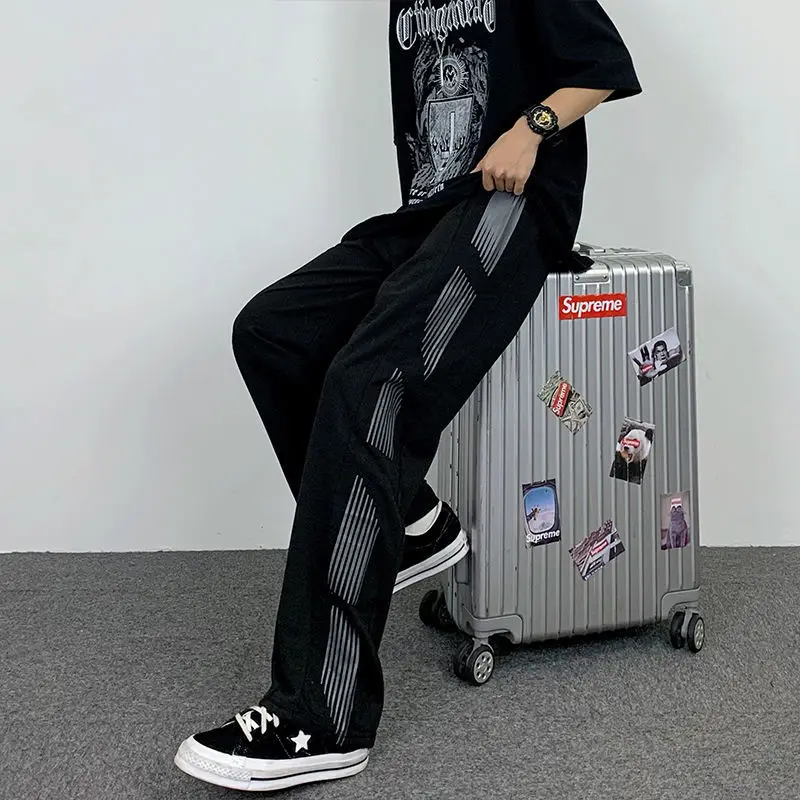 Preppy Style Student Loose Side Striped Printed High Street Wide Leg Sports Pants Men Elastic Waist Pockets Straight Trousers
