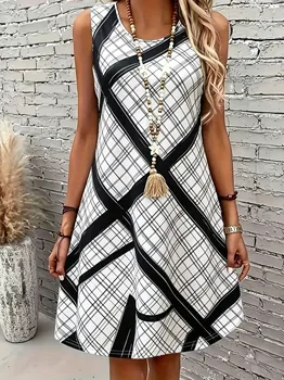 Women's U-Neck Black and White Plaid Geometric Print Sleeveless Casual Tank Dress A-Line Mini Dress for Spring Summer 1