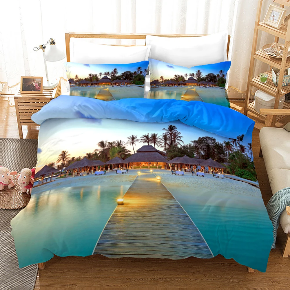 Beach Duvet Cover Set Polyester Tropical Island with The Palm Tree and Sea Beach Nature Theme Double Queen King Size Quilt Cover Sfaea062e58ff4f4c8982ad53d087f854x
