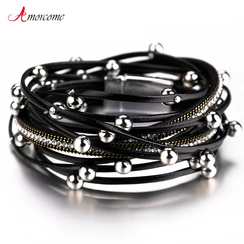 Amorcome Multilayer Metal Beads Charm Leather Bracelets for Women Trendy Design Double Wrap Bracelets & Bangles Jewelry