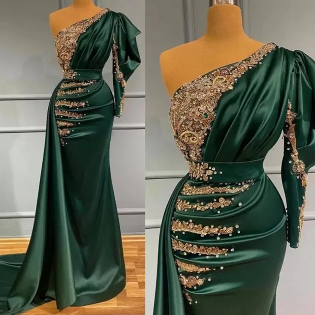 Dark Green Mermaid Evening Dress with Gold Lace Appliques Pearls Beads One Shoulder Pleats Long Formal Occasion Gowns 1