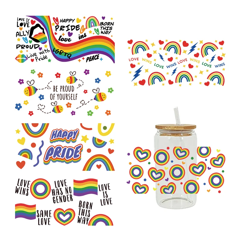 

UV DTF Transfesr Sticker Pride Cup , Love wins, Love is love ,Rainbow heart , LGBTQ full wrap for Libbey Glass 16oz D7302