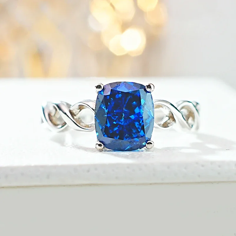 

Light Luxury 925 Silver Sapphire Blue Rectangular Ice Cut Ring, Set with High Carbon Diamonds To Create A Versatile Style