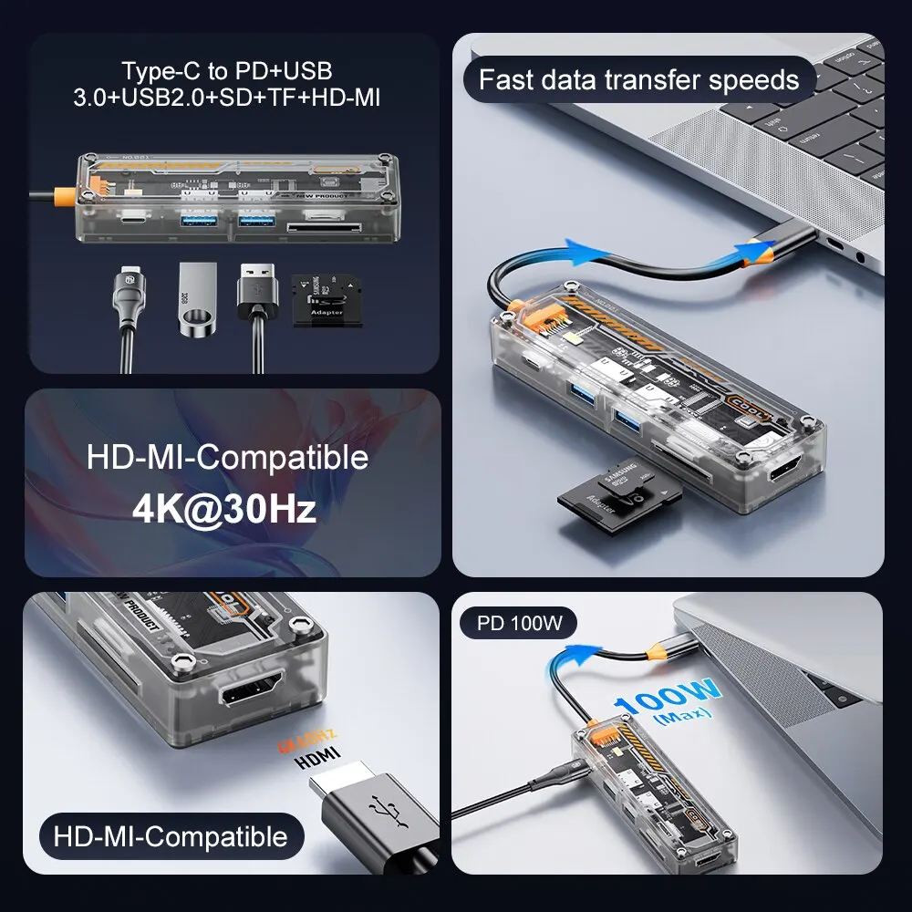 USB Hub Adapter 6 in 1 USB HUB Type-c to HDMI-Compatible 4K TF PD 100W for Macbook Pro USB 3.0 Hub Laptop Tablet