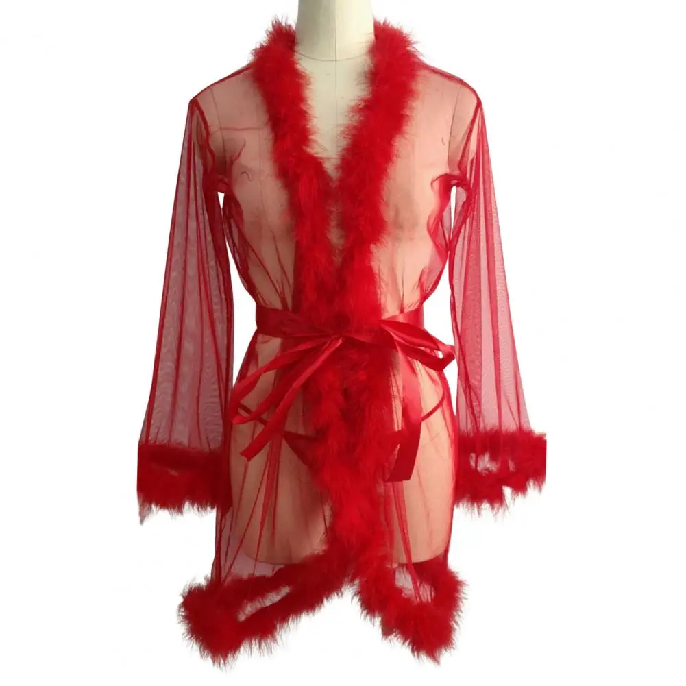 Mesh Detail Sleep Dress Elegant Mesh Ruffle Nightgown with Adjustable Waist Tie Sexy Plush Trim Sleepwear for Women Pleated
