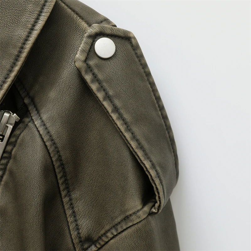 ZVRI 2024 Women Vintage Loose Pu Faux Leather Short Jacket with Belt Streetwear Female Zipper Retro Moto Biker Coat Outwear Tops 5