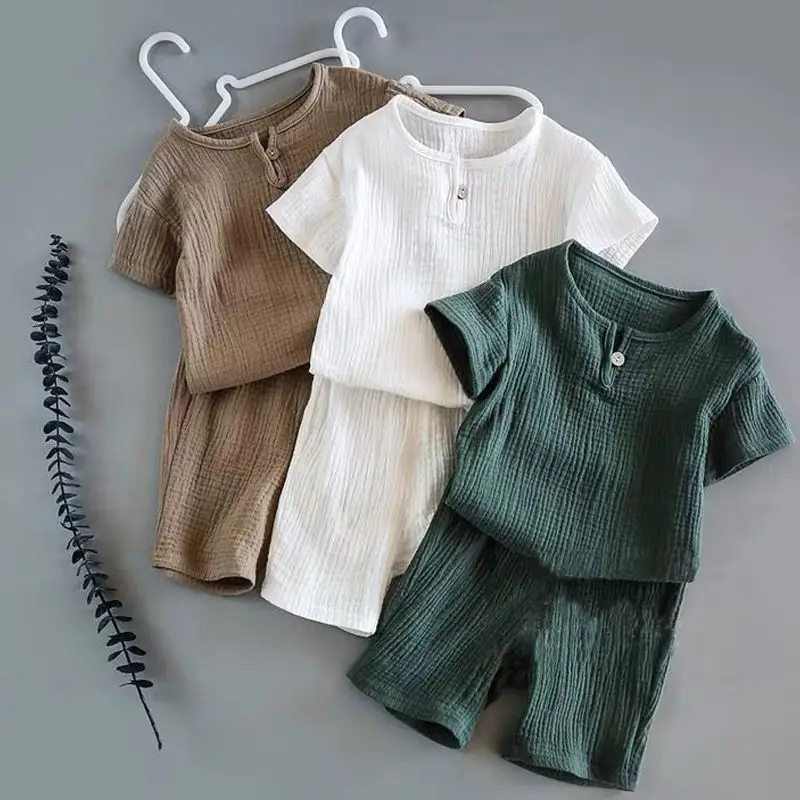 Cotton Linen Muslin Kids Clothes Girls Outfit Summer Boy Clothing Sets Solid Short Sleeve Tops Shorts Children Clothing 2-7Years
