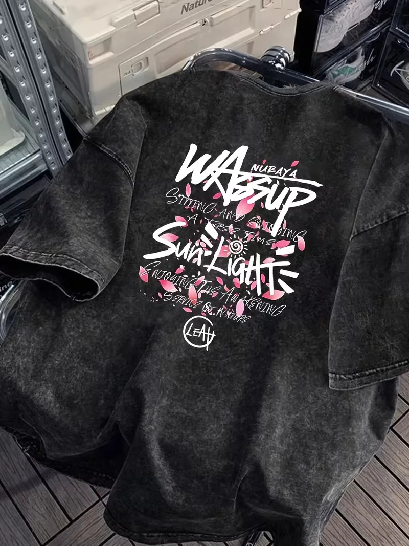 Wassup Sunlight & Tokyo Japan City Graphic Acid Wash T-Shirt Vintage japanische Streetwear übergroße lässige Oberteile für Männer und Frauen