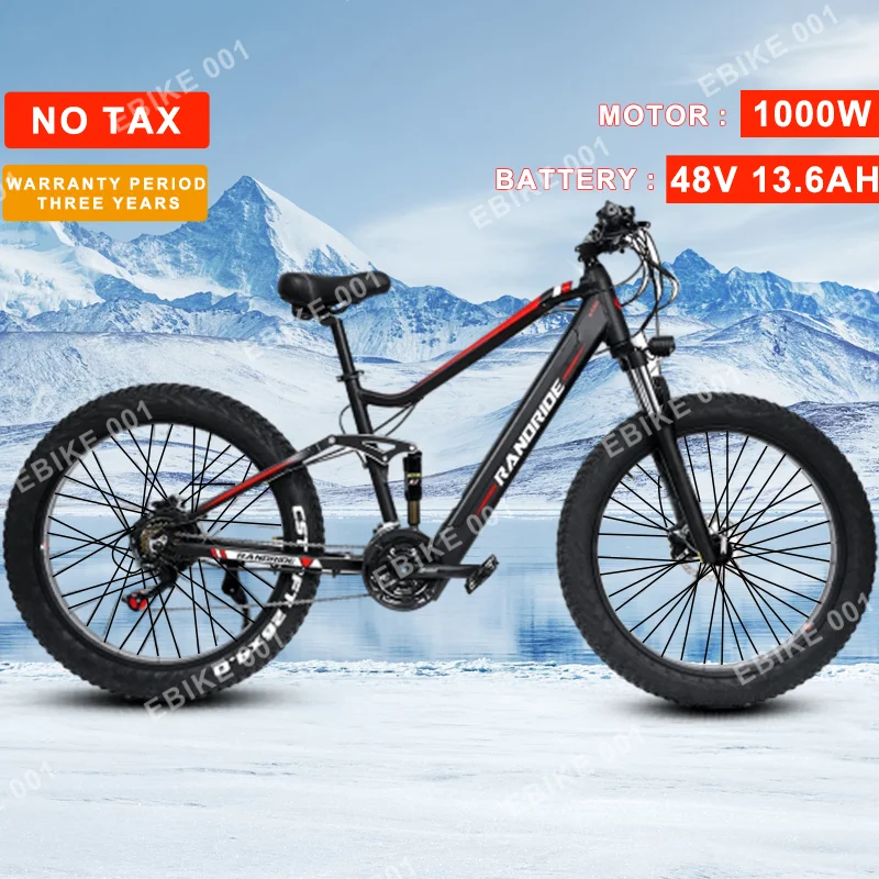 

RANDRIDE YX90 NEW Electric Bicycle 1000W 48V 13.6Ah Removable Battery 26*4inch Fat Tire Ebike Mountain Off-Road Electric Bicycle