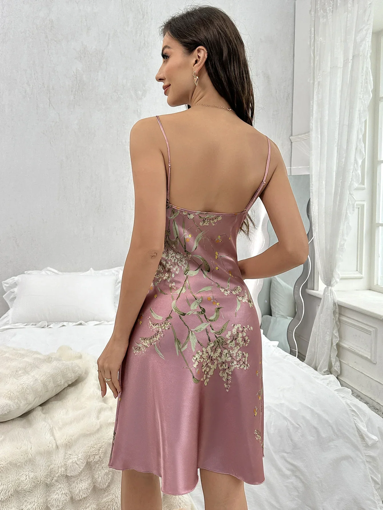 Women's Sleepwear Floral Print Nightdress Sexy V Neck Spaghetti Strap Sleep Dress