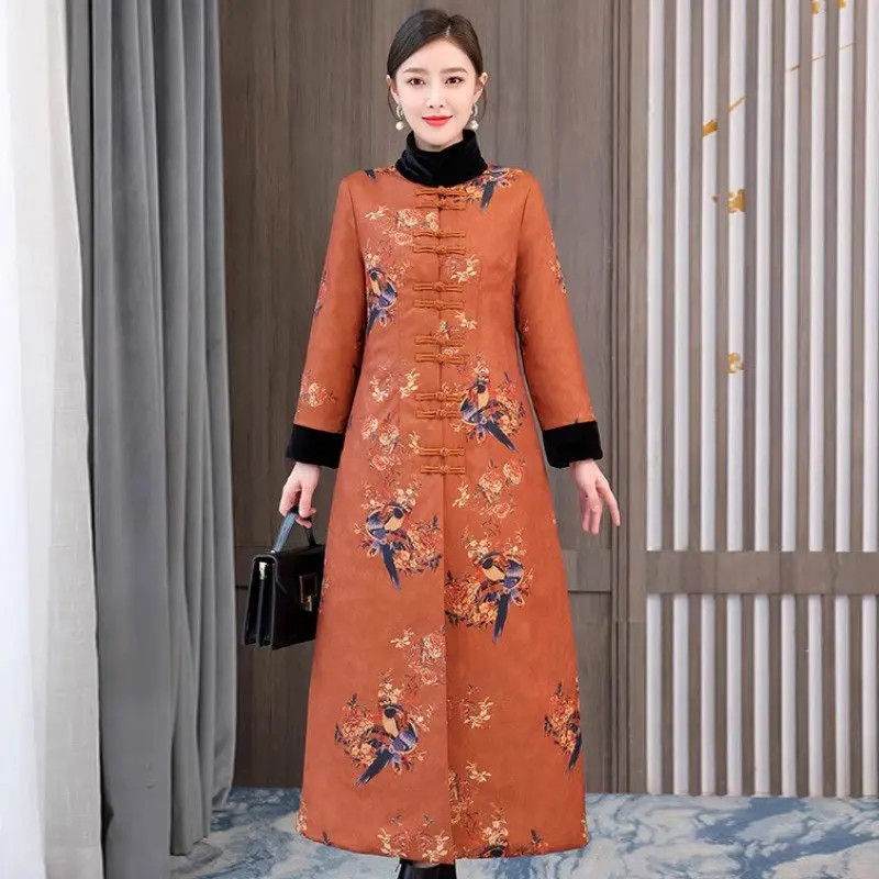 chinese-style-clothes-woman-winter-cotton-jacket-retro-printing-thickened-fashion-long-elegant-qipao-coat-quilted-robe-z3729