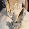 French Crystal Silver High Heels Womens 2024 New Bow Solid Shining Womens Shoes WOMEN Pointed Toe Casual Pumps 1