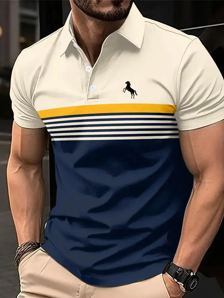 Men's Casual Short Sleeve Polo Shirt with 3D Horse Print Striped Color Block Design Sporty Style Collared Golf Shirt for Summer
