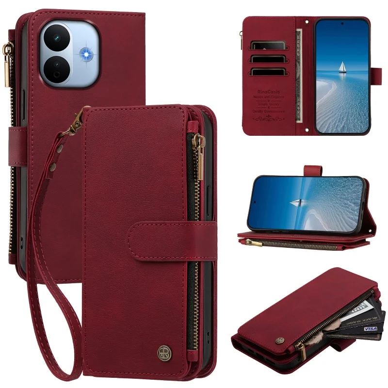 Retor Leather Zip Wallet Card Phone Case with Lanyard and Flip Purse Holder