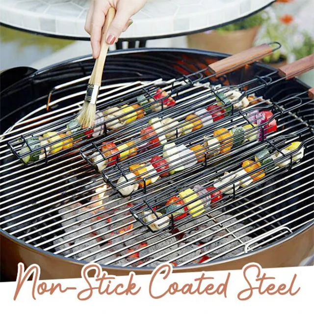 1 Darabos Hordozható Grillező Kosár Rozsdamentes Acél Újrahasznosítható Tartós Korróziógátló Fa Fogantyú Grill Nettó Kabob Konyha Bbq Szerszámok - Image 3