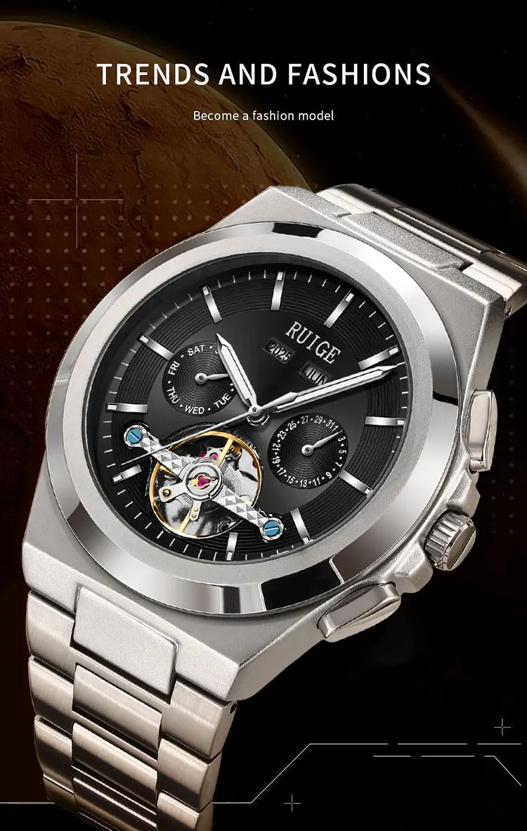 RUIGE Dreäugige sechs Nadeln hohles Nachtlicht Edelstahlarmband automatische mechanische Uhr Mode Herrenarmbanduhr – Detail 1
